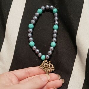 Elegant Tree Pendant Bracelet with Turquoise and Gray Beads